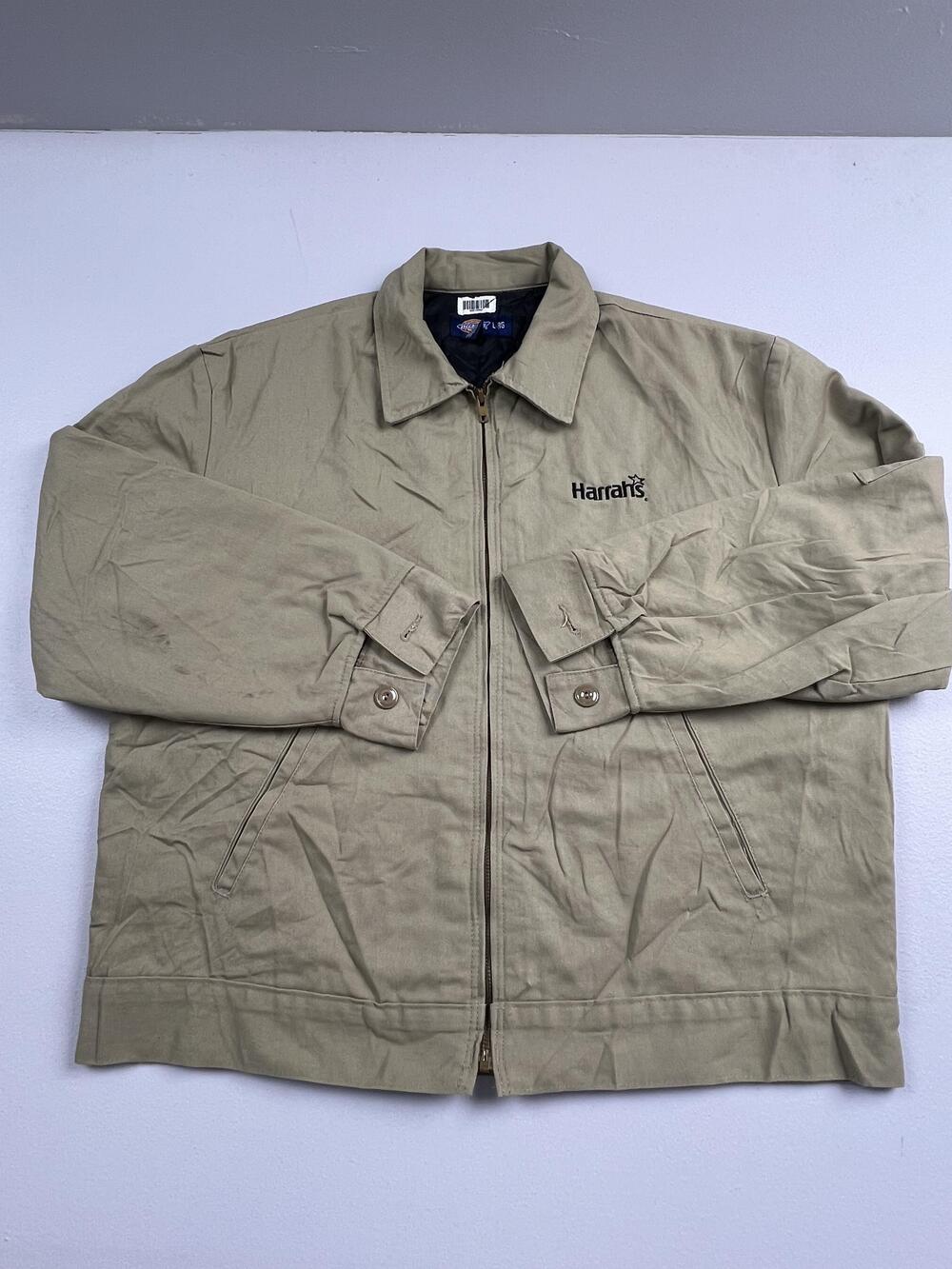 Dickies Jacket Mens Large Beige Canvas Bomber Full Zip Insulated Harrahs Logo